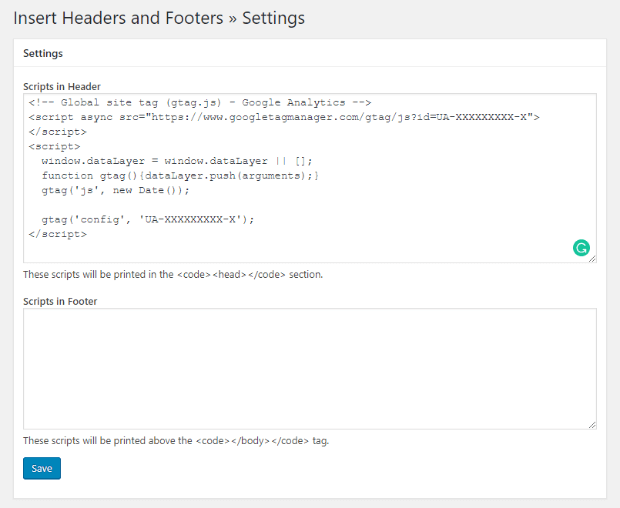 add google analytics tracking code to insert headers and footers