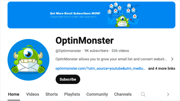 Screenshot of OptinMonster's YouTube channel page