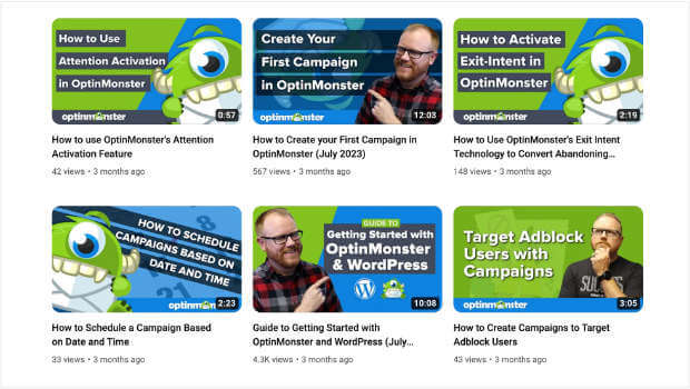 Screenshot of video feed on OptinMonster's YouTube channel. It shows a grid of videos with tutorials on using OptinMonster and generating leads.