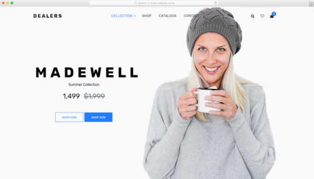 dealers homepage responsive ecommerce template sample woman drinking from mug