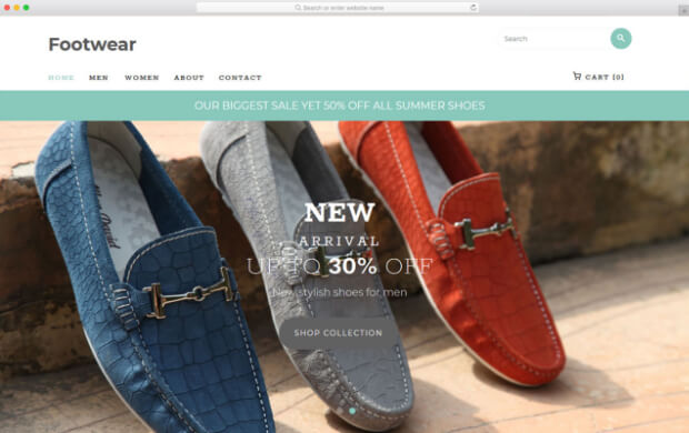 footwear responsive ecommerce template sample with three shoes