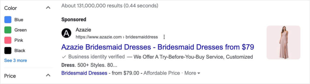 Sponsored Google search result showing a listing for Azazie Bridesmaid Dresses.