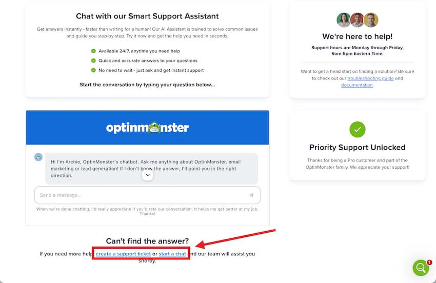 Create a support ticket or start a live chat session in OptinMonster.
