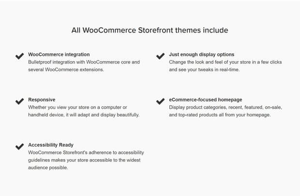 Woocommerce storefront perks list including responsive ecommerce themes