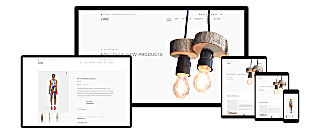 loge responsive ecommerce theme examples woman in dress and lightbulbs on various screens