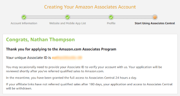 amazon affiliate program confirmation