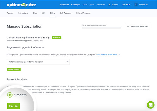 Pause OptinMonster subscription by 1 month.