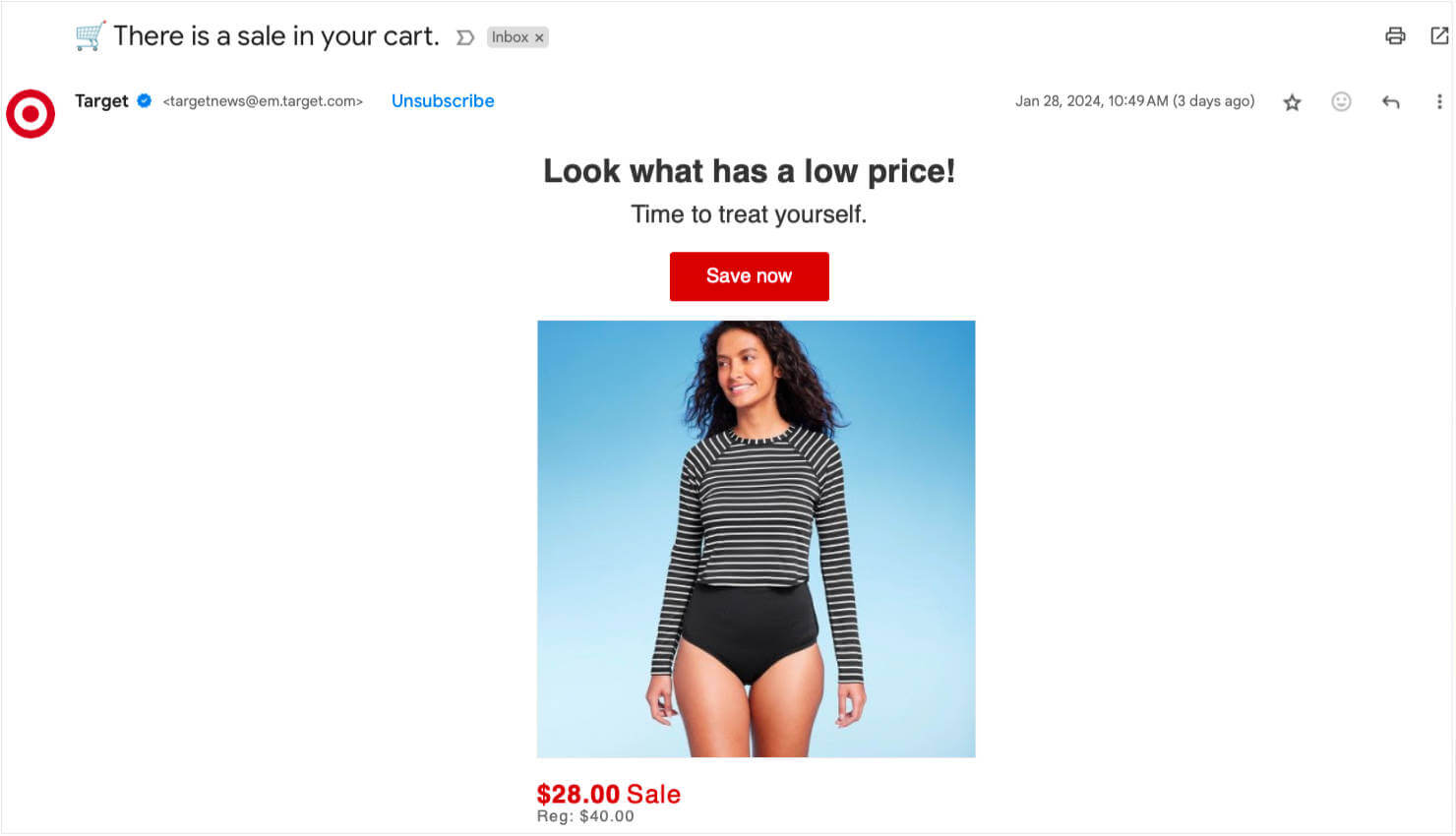 Win-back email example from Target. Subject line says "There is a sale in your cart." Email text says "Look what has a low price! Time to treat yourself." CTA button says "Save now." And there's an image of the product with the new sale price featured below