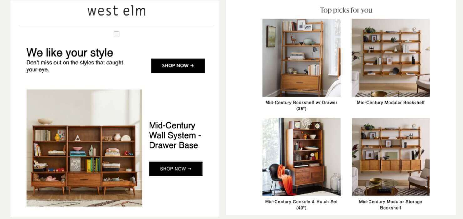 A win-back email from West Elm. It says "We like your style. Don't miss out on the styles that caught your eye." The email goes on to show a product that user have viewed, along with a "Top picks" section with similar products.