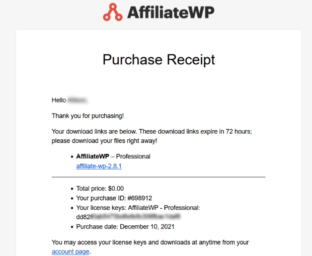 affiliatewp satın alma makbuzu e-postası