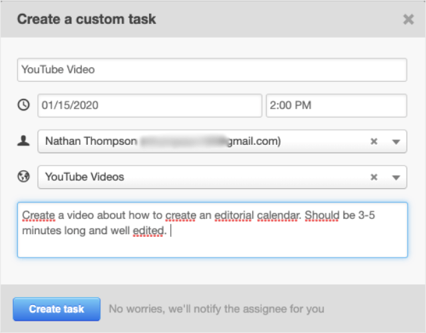 create task custom fill out all the fields with details
