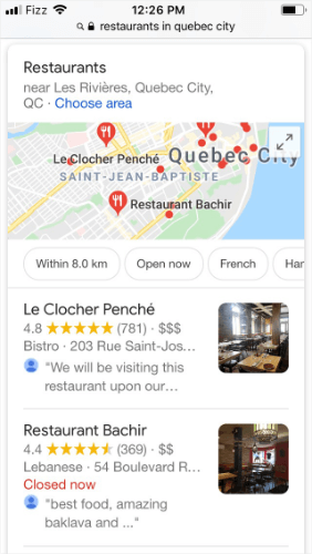 google search results for restaurants for mobile marketing