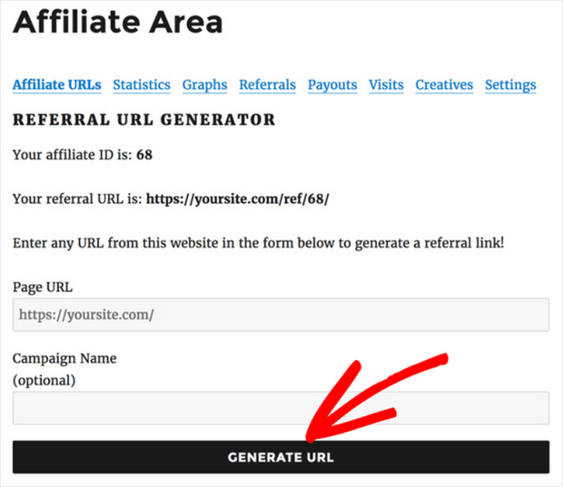 built-in referral link generator in affiliate area