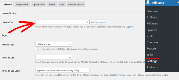 activate affiliatewp license key in settings