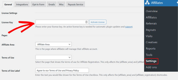 ayarlarda affiliatewp lisans anahtarını etkinleştirin