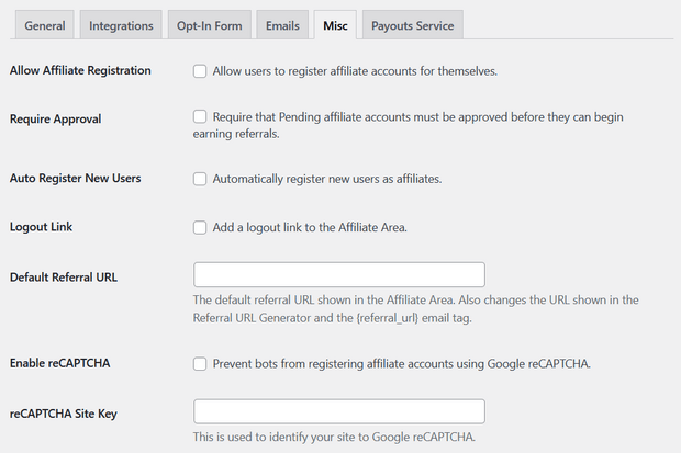 affiliatewp çeşitli ayarlar