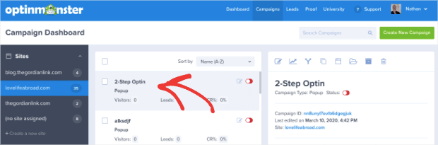 Choose your campaign in your OM dashboard