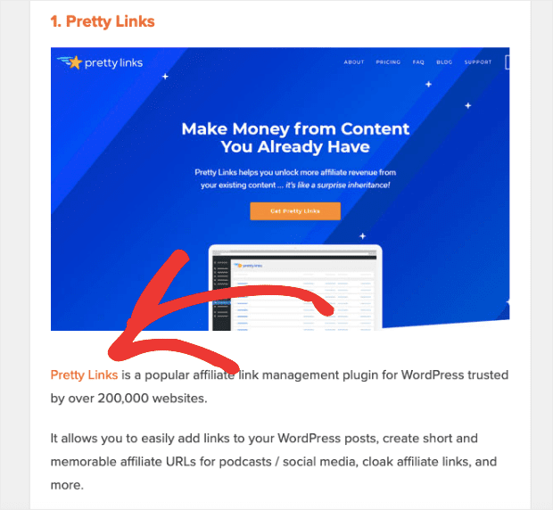 Pretty Links example of affiliate link in a blog min