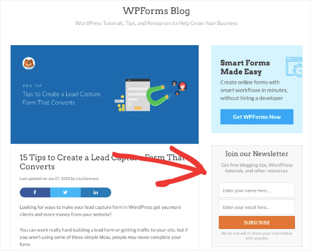 WPForm Sidebar Optin Form sulla homepage del blog