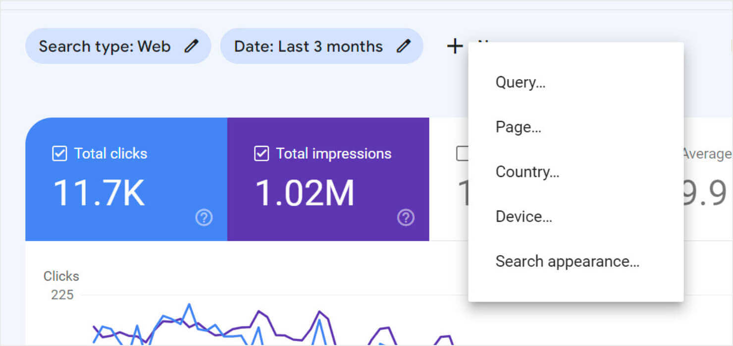New filter menu in Google Search Console. It includes Query, Page, Country, Device, and Search appearance.