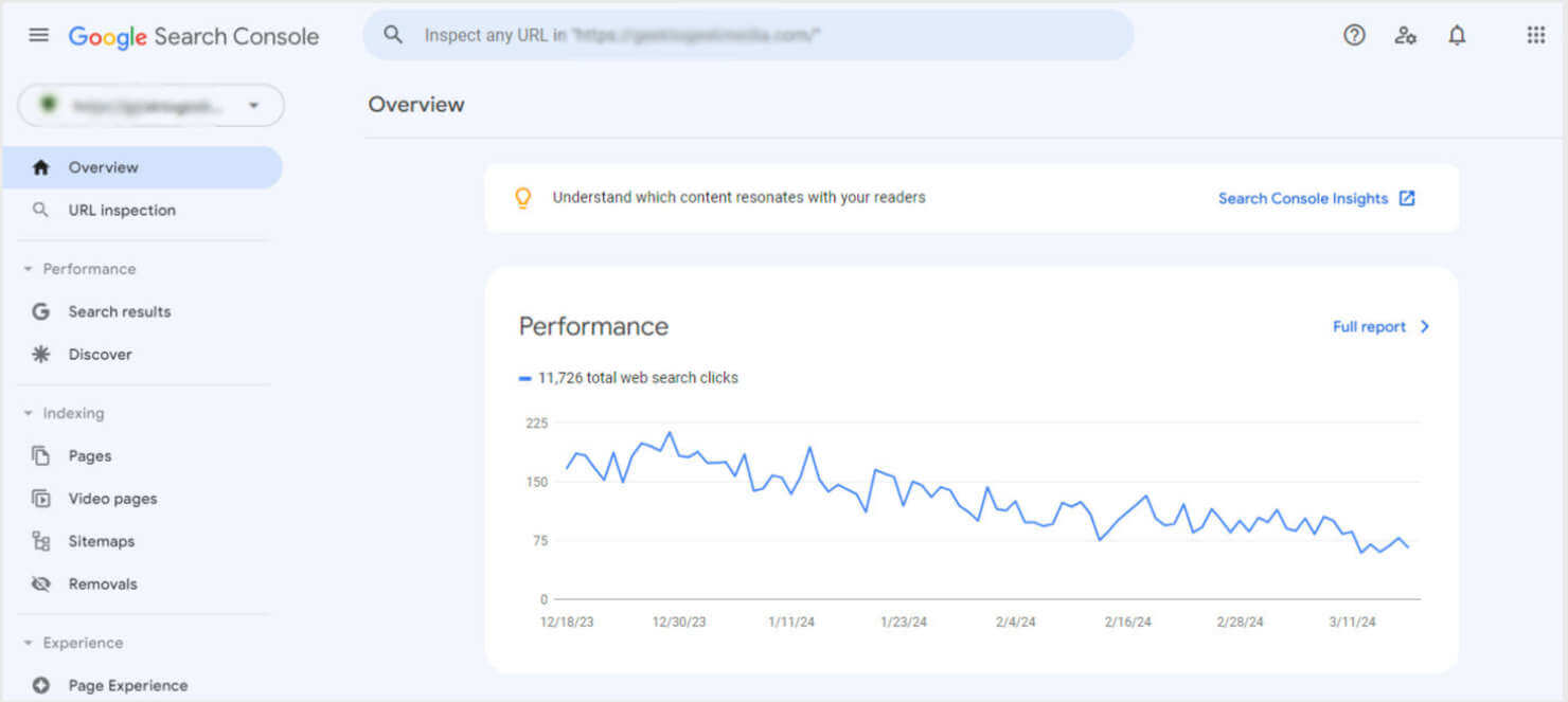 Google Search Console's Overview page, with a graph showing search clicks over time