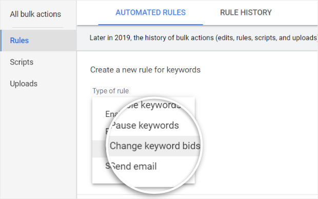 select change keyword bids
