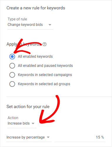 create a new rule for keywords in google ads