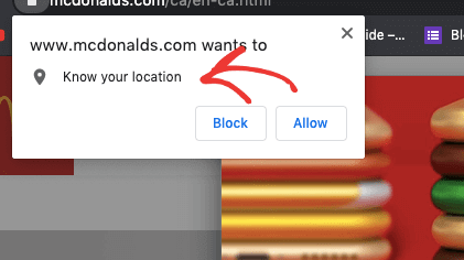 McDonalds Know your location popup