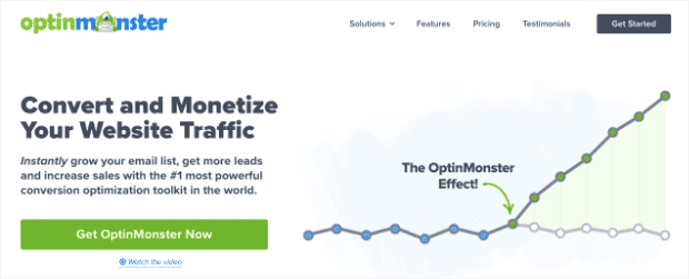 OptinMonster homepage. In includes a welcome message that says "Convert and Monetize Your Website Traffic." The CTA button says "Get OptinMonster Now"