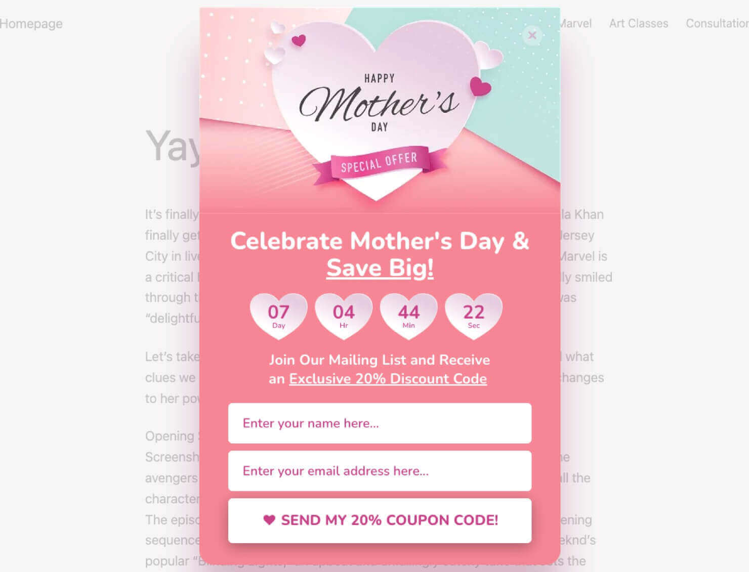 OptinMonster popup template. It says "Happy Mother's Day Special Offer. Celebrate Mother's Day & Save Big!" Then there's a countdown timer. Text continues, "Join our Mailing List and Receive an Exclusive 20% Discount Code." There are fields for the user's name and email address, and a CTA button that says "Send my 20% Coupon Code!"