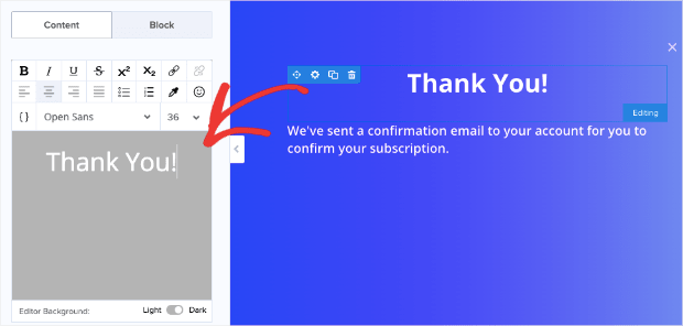 Change the text in the success view