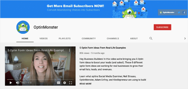 OptinMonster YouTube Channel to promote a product min