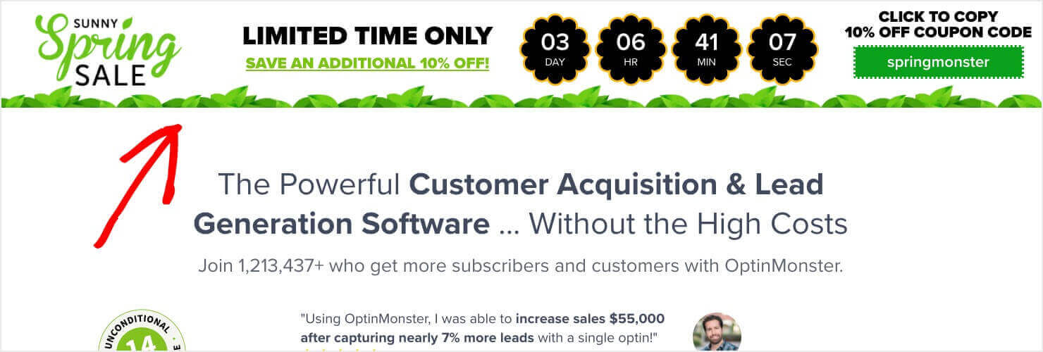 Screenshot of OptinMonster's website featuring a promotional floating bar for a 'Sunny Spring Sale' at the top. There's a countdown timer indicating 'LIMITED TIME ONLY' with '03 Days, 06 Hrs, 41 Mins, and 07 Secs' left to 'SAVE AN ADDITIONAL 10% OFF'. Beside the timer, there's a clickable coupon code 'springmonster' for an extra 10% discount.