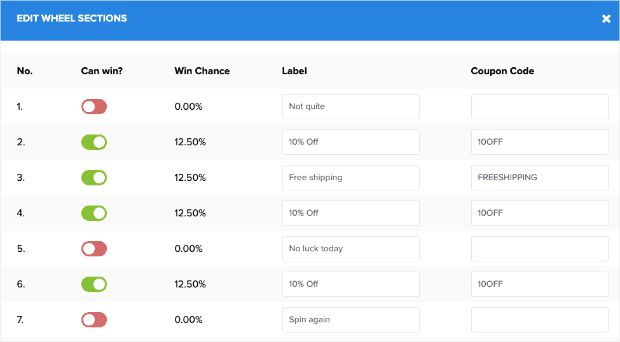 Coupon Wheel Edit Wheel Selections