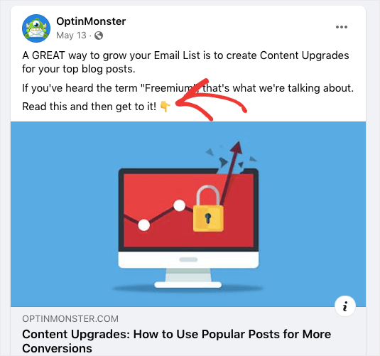 OptinMonster call to action from FB