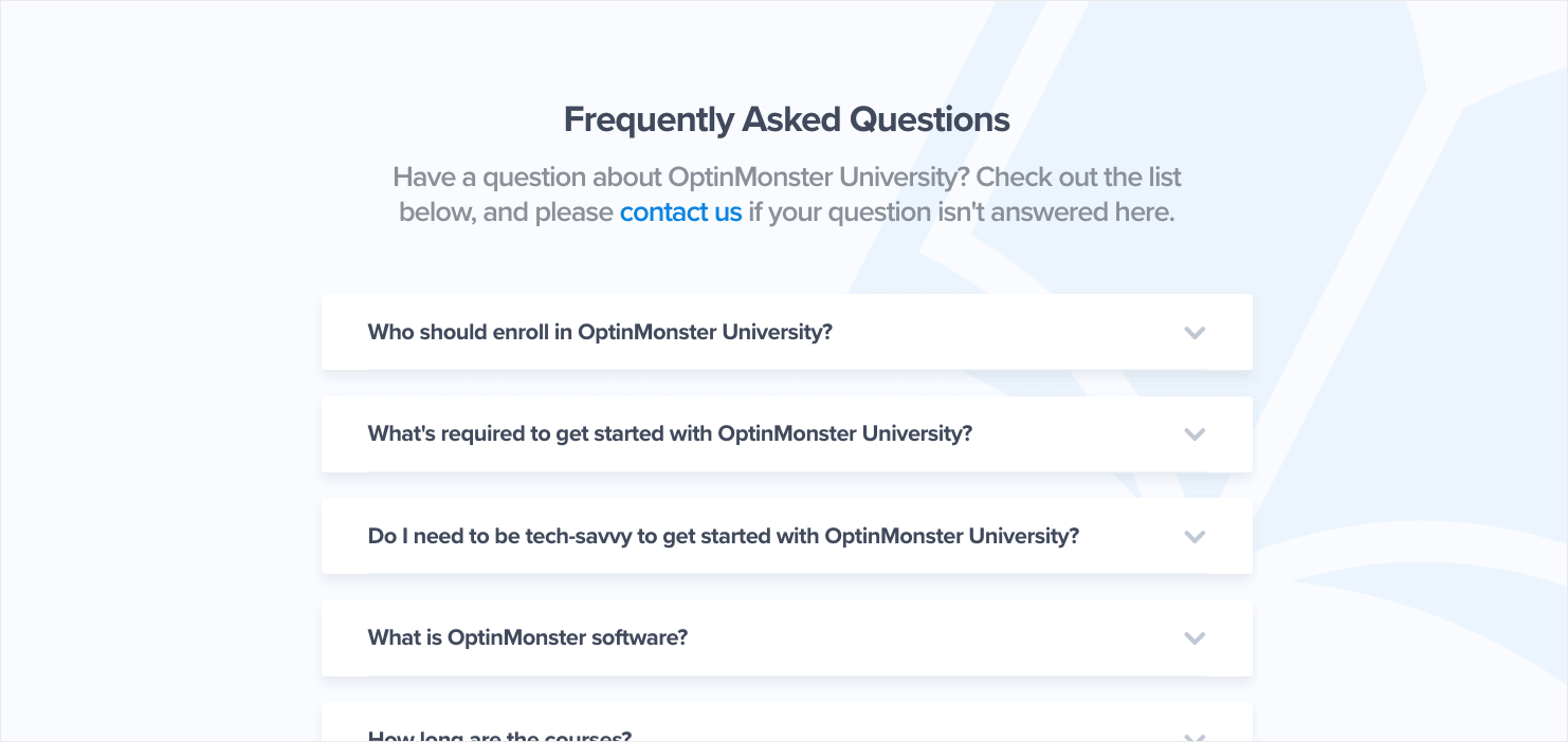 FAQ section on OptinMonster University's sales page