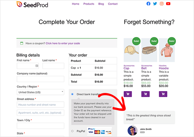 add testimonials to checkout page with seedprod