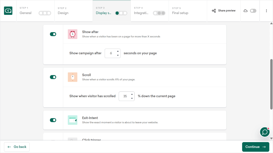 Sleeknote's display rule settings