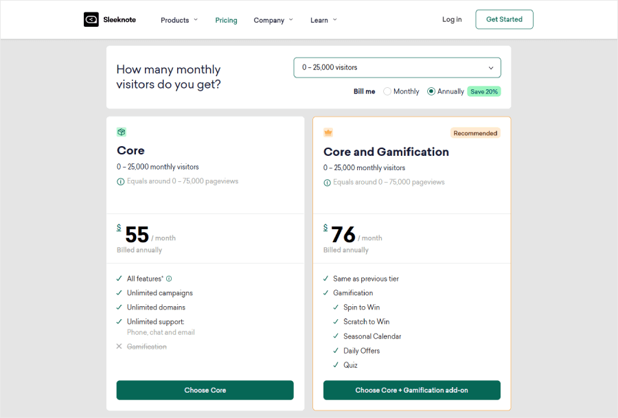 Sleeknote's pricing plans