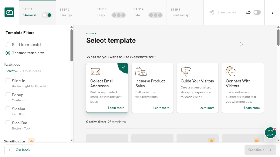 Choosing a template in Sleeknote