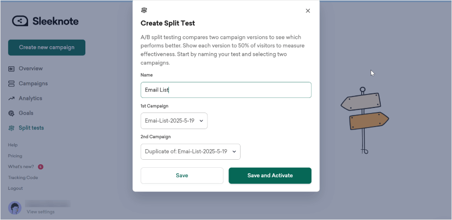 Sleeknote's split testing feature