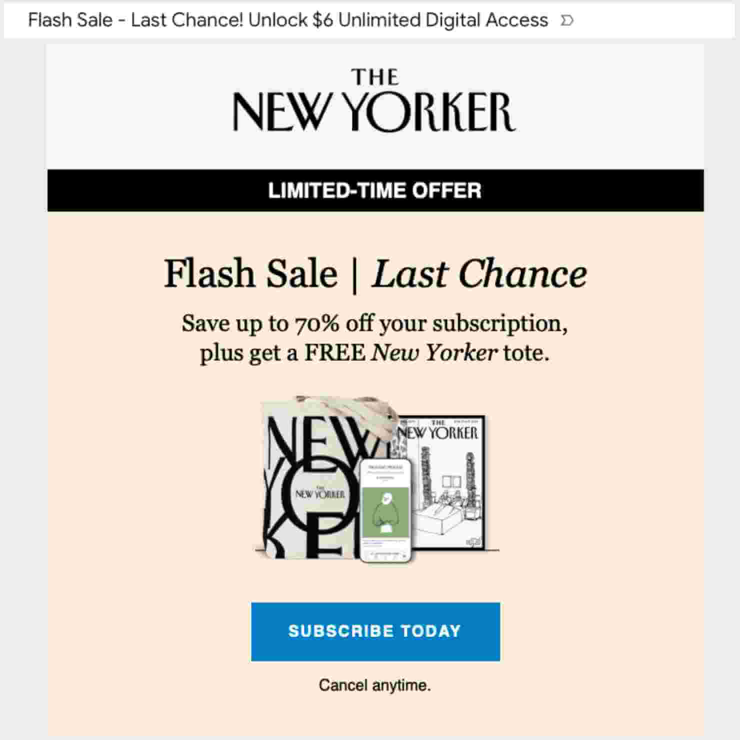 New Yorker flash sale example. Email subject line says "Flash Sale - Last Chance! Unlock  Unlimited Digital Access." Email content includes "Save up to 70% off your subscription, plus get a FREE New Yorker tote."