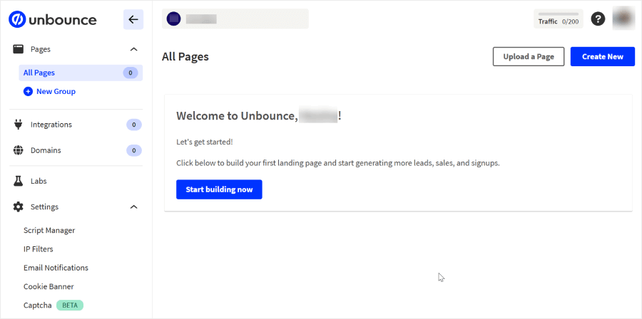 Unbounce's dashboard