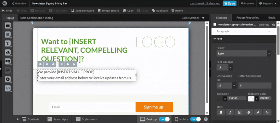 A demo of how editing the desktop version of a campaign in Unbounce can affect the mobile version and vice versa