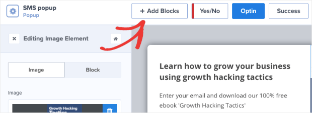 Add blocks to SMS popup campaign