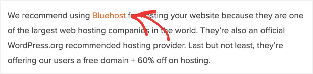 A blog post with text affiliate link for Bluehost. This affiliate marketing example shows how to use hyperlinks within your content. 