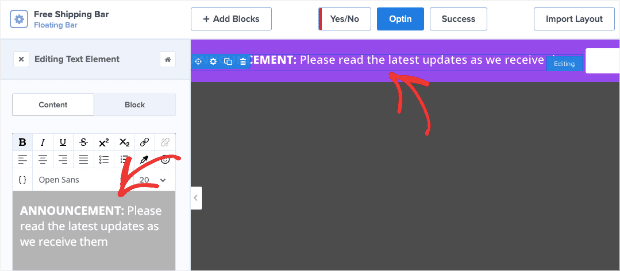 Change text in floating banner bar min