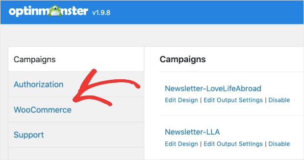 WooCommerce in OptinMonster plugin dashboard