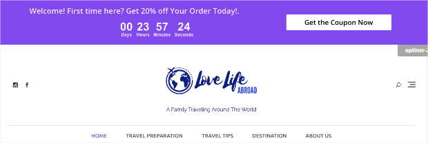 Floating bar countdown timer welcome message. It says "Welcome! First time here Get 20% off your order today!" There is a countdown timer and a button that says "Get the Coupon Now"