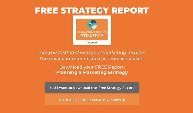 Inbound Marketing email popup. It offers a free downloadable report called "Planning a Marketing Strategy."